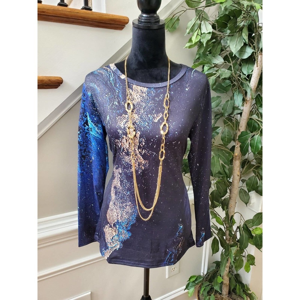 SHEIN Women's Blue Polyester Crew Neck Long‎ Sleeve Casual Top Shirt Size Small